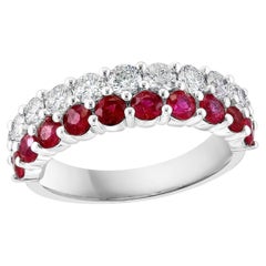 1.07 Ct Round Shape Ruby and Diamond Double Row Band Ring in 14K White Gold