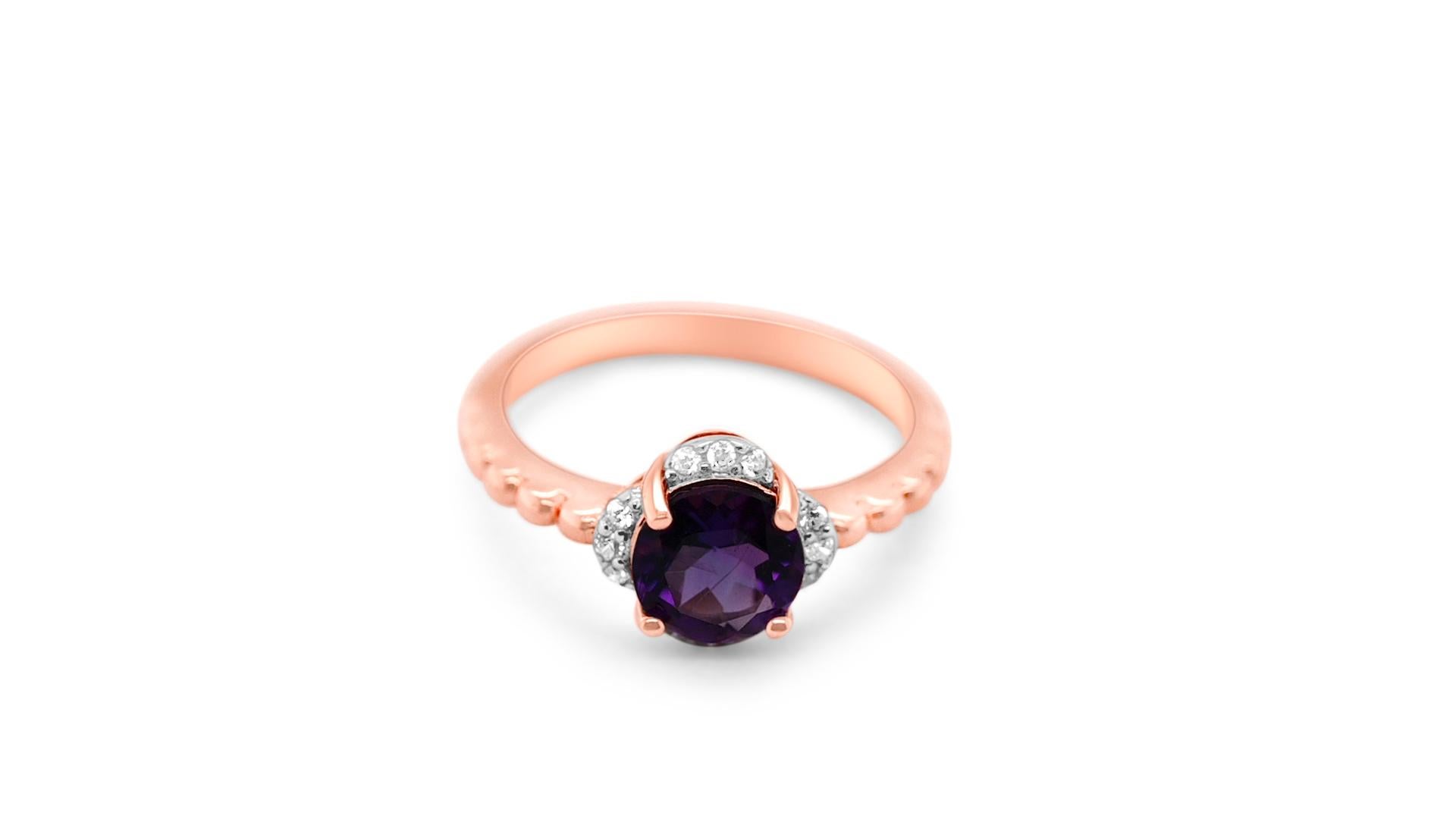 Round Cut 1.07 Ctw Amethyst Ring 925 Sterling Silver 18K Rose Gold Plated Wedding Ring For Sale