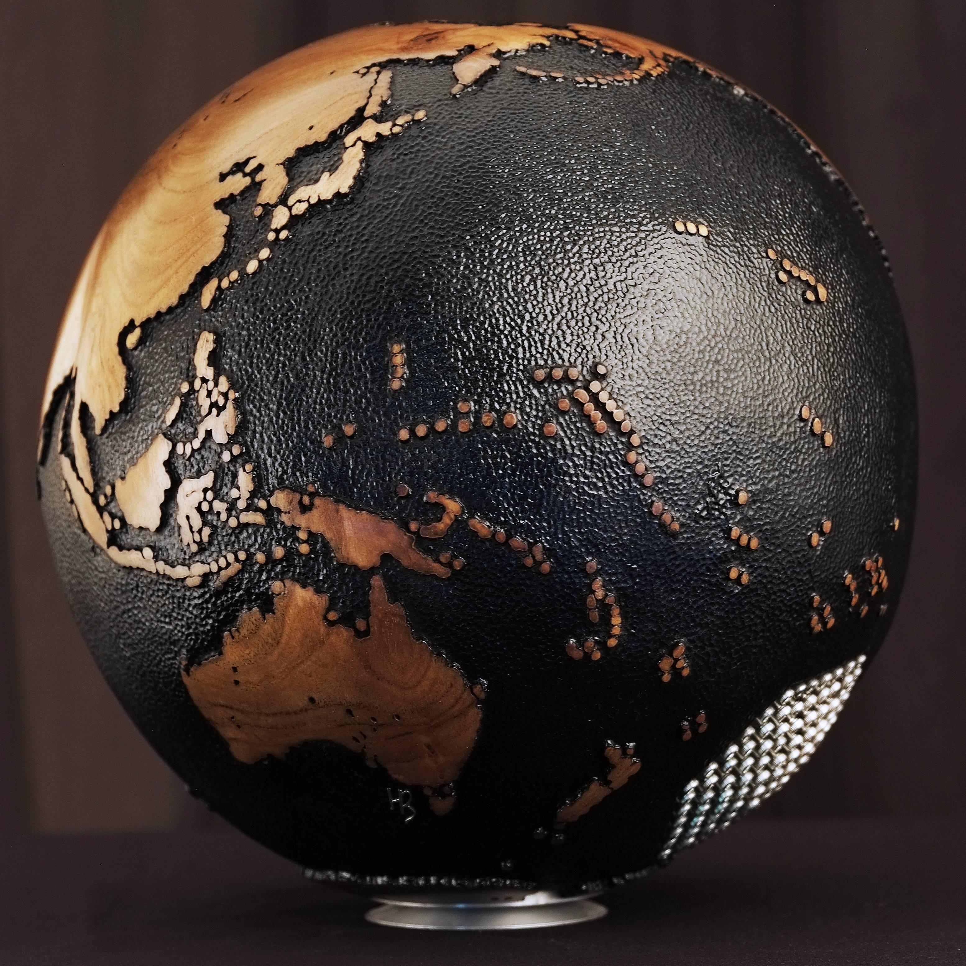Appliqué 107 Stainless Bolts on a Unique Black Beauty Wooden Globe, 30 cm