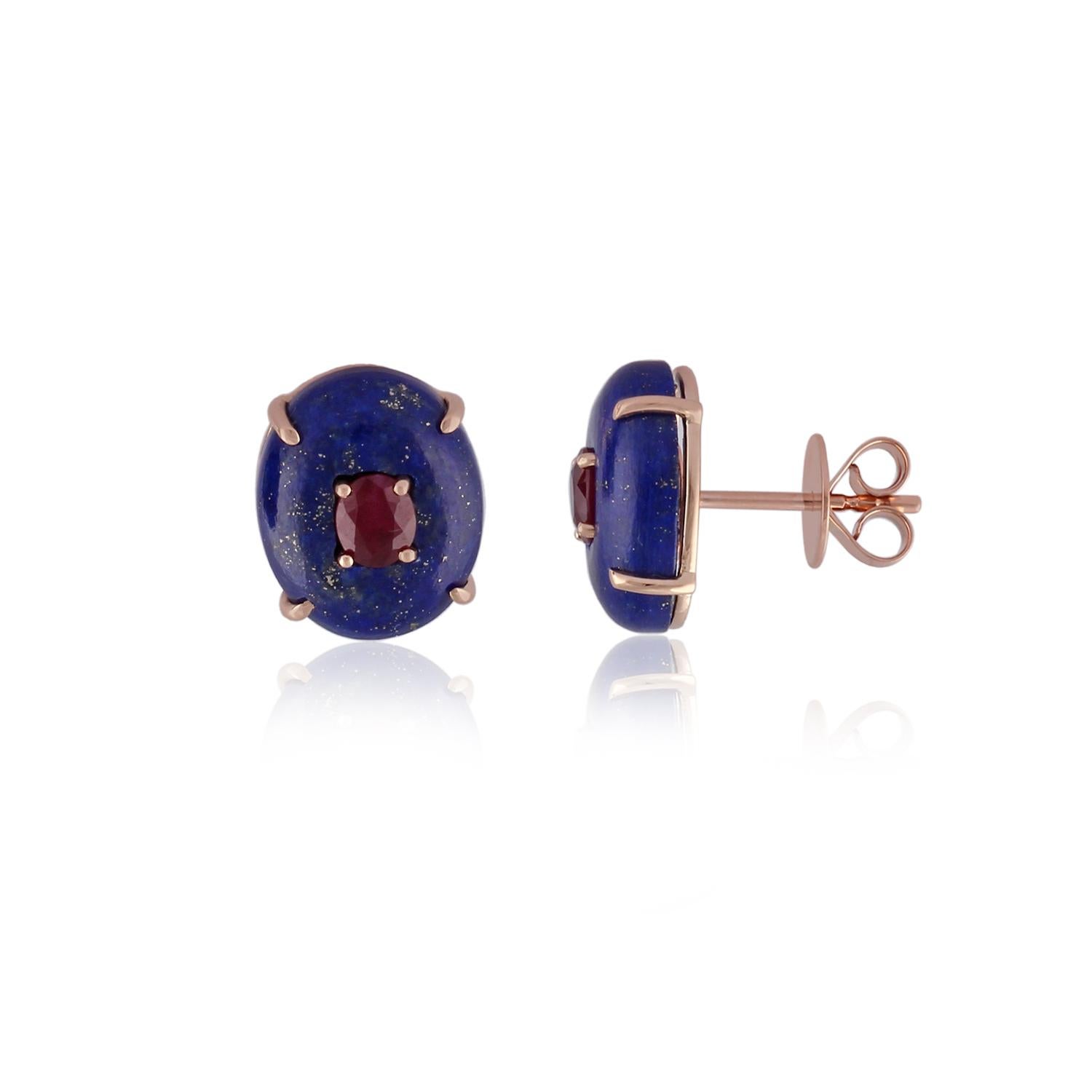 Art Deco 10.70 Carat Lapis Lazuli & Ruby Earrings in 18k Gold For Sale
