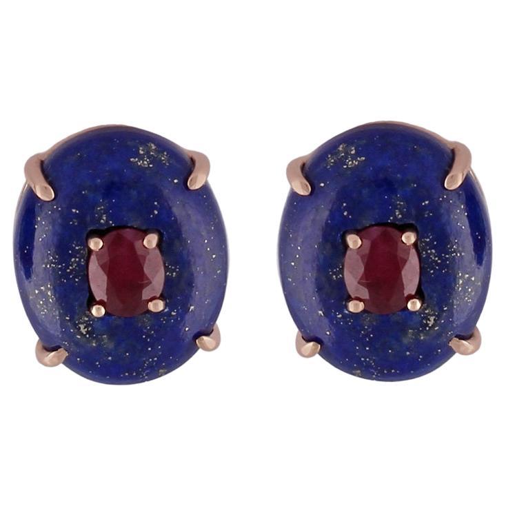 10.70 Carat Lapis Lazuli & Ruby Earrings in 18k Gold For Sale