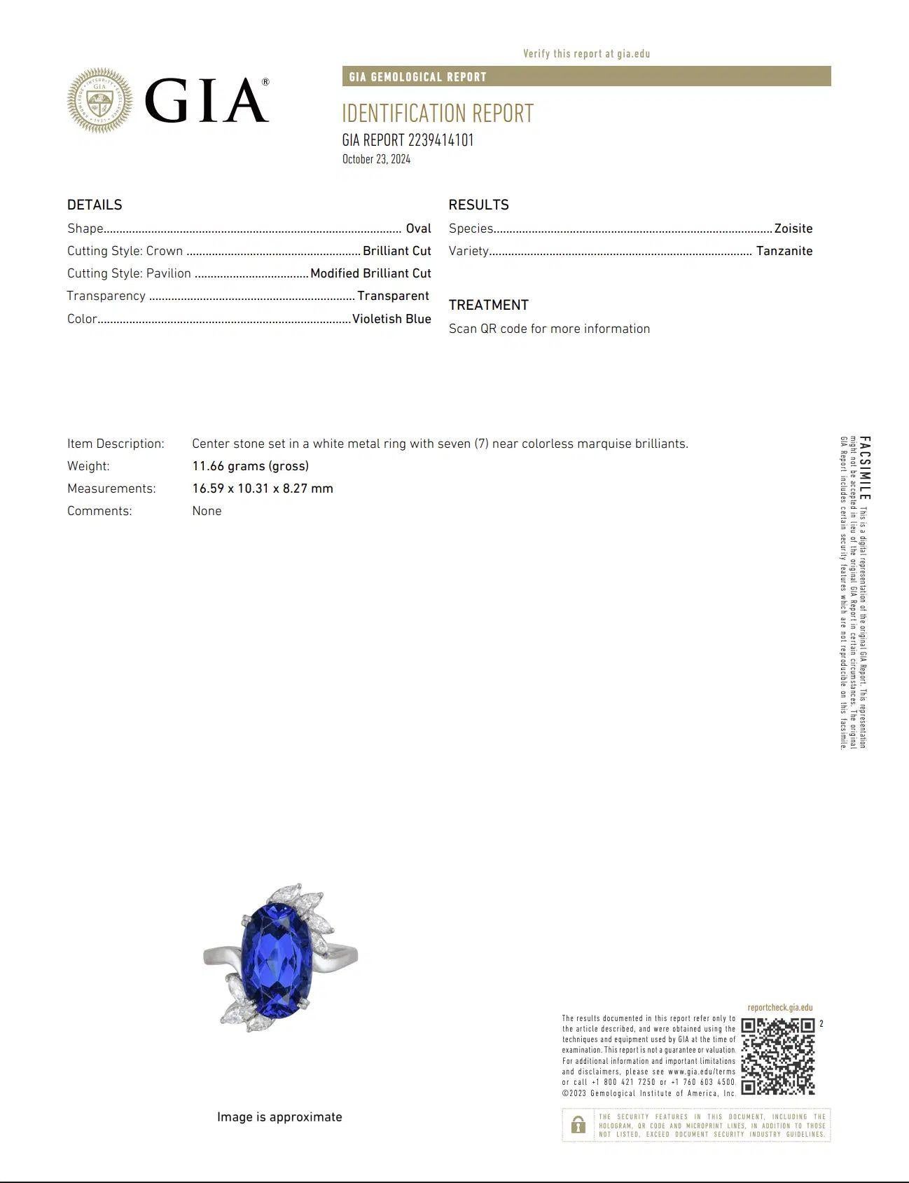 Bague vintage en platine avec Tanzanite ovale de 10,70 carats GIA et diamant marquis en vente 1