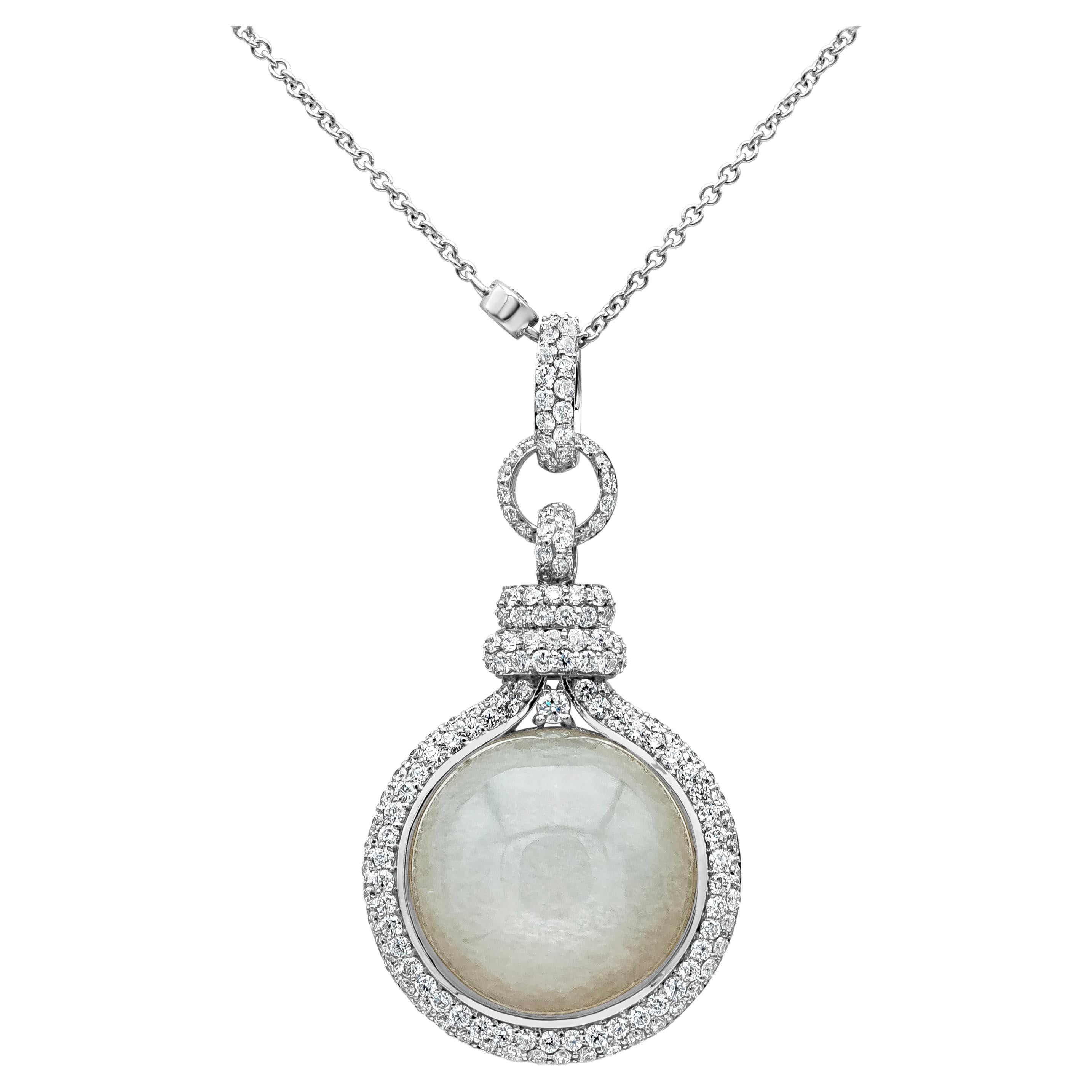 10.70 Carat White Moonstone with Round Diamonds Pendant Necklace in White Gold