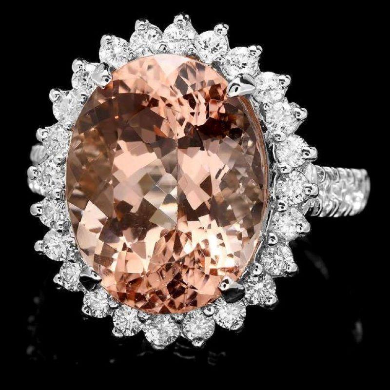 Mixed Cut 10.70 Carats Natural Morganite and Diamond 14K Solid White Gold Ring For Sale