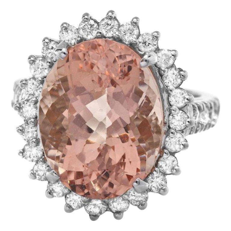 14 Karat massiver Weißgoldring mit 10,70 Karat natürlichem Morganit und Diamant