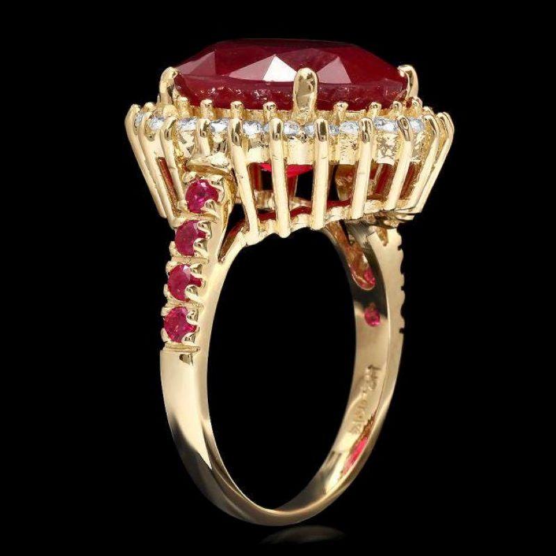 10.70 Carats Natural Red Ruby and Diamond 14K Solid Yellow Gold Ring

Total Red Ruby Weight is: Approx. 10.10 Carats

Ruby Measures: Approx. 14.00 x 12.00mm

Ruby treatment: Fracture Filling

Natural Round Diamonds Weight: Approx. 0.60 Carats (color