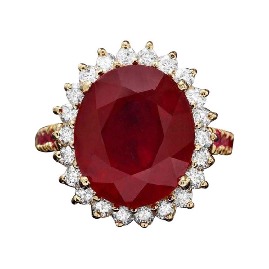 10.70 Carats Red Ruby and Natural Diamond 14k Solid Yellow Gold Ring