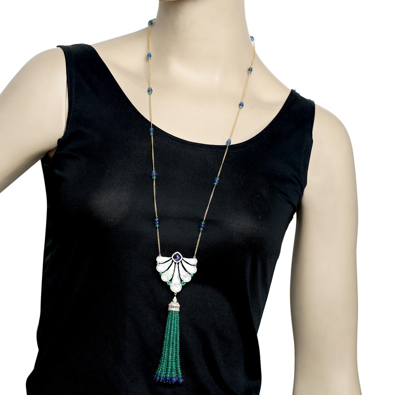 107,07 Karat Smaragd Tansanit Quaste Diamant-Halskette (Kunsthandwerker*in) im Angebot