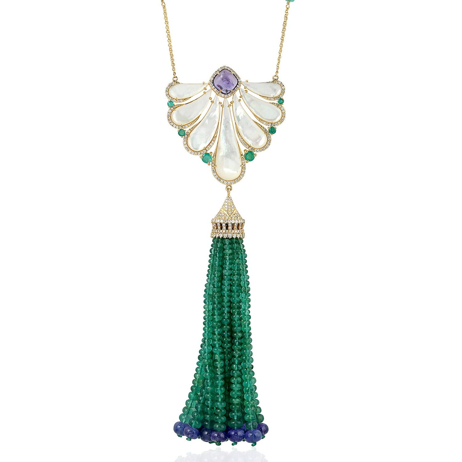107,07 Karat Smaragd Tansanit Quaste Diamant-Halskette (Gemischter Schliff) im Angebot