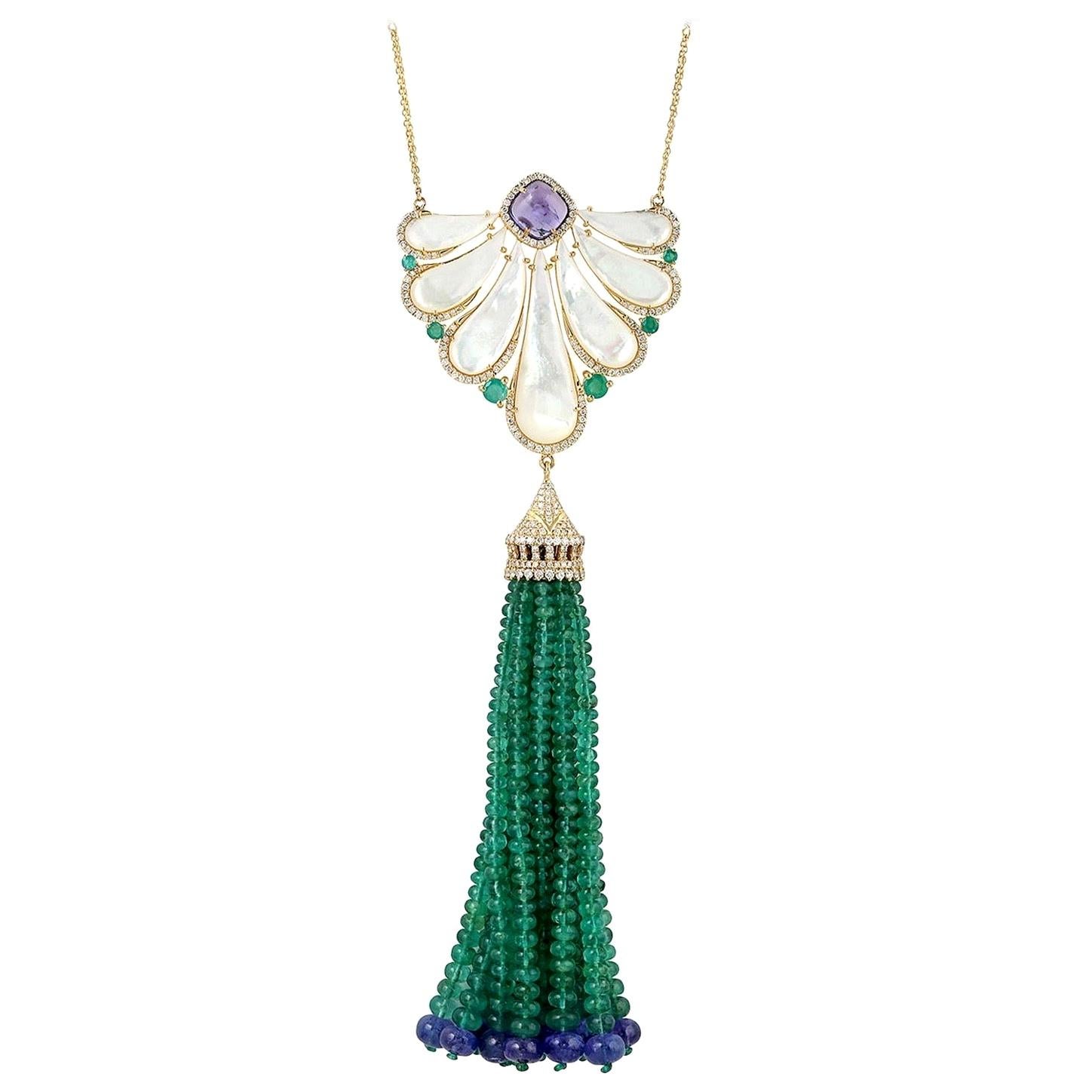 107.07 Carat Emerald Tanzanite Tassel Diamond Necklace