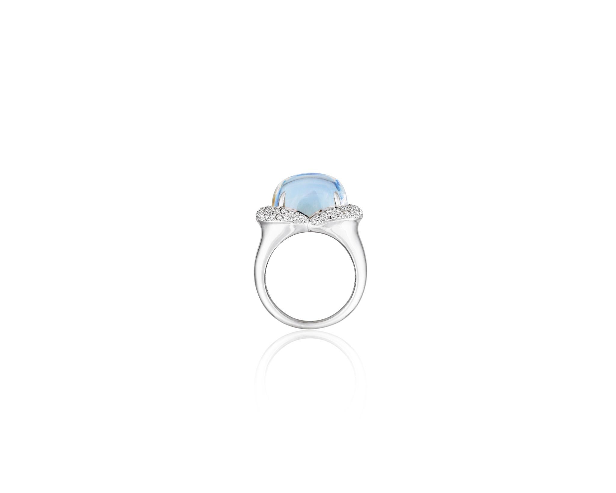 Contemporary 10.70ct Moonstone .65ct Diamond 18kt White Gold Ring For Sale
