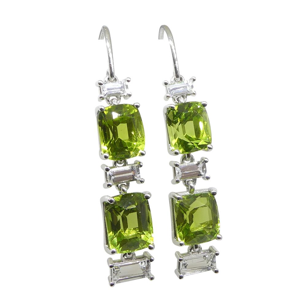 Cushion Cut 10.70ct Peridot, 1.80ct White Sapphire Earrings in 14k White Gold For Sale