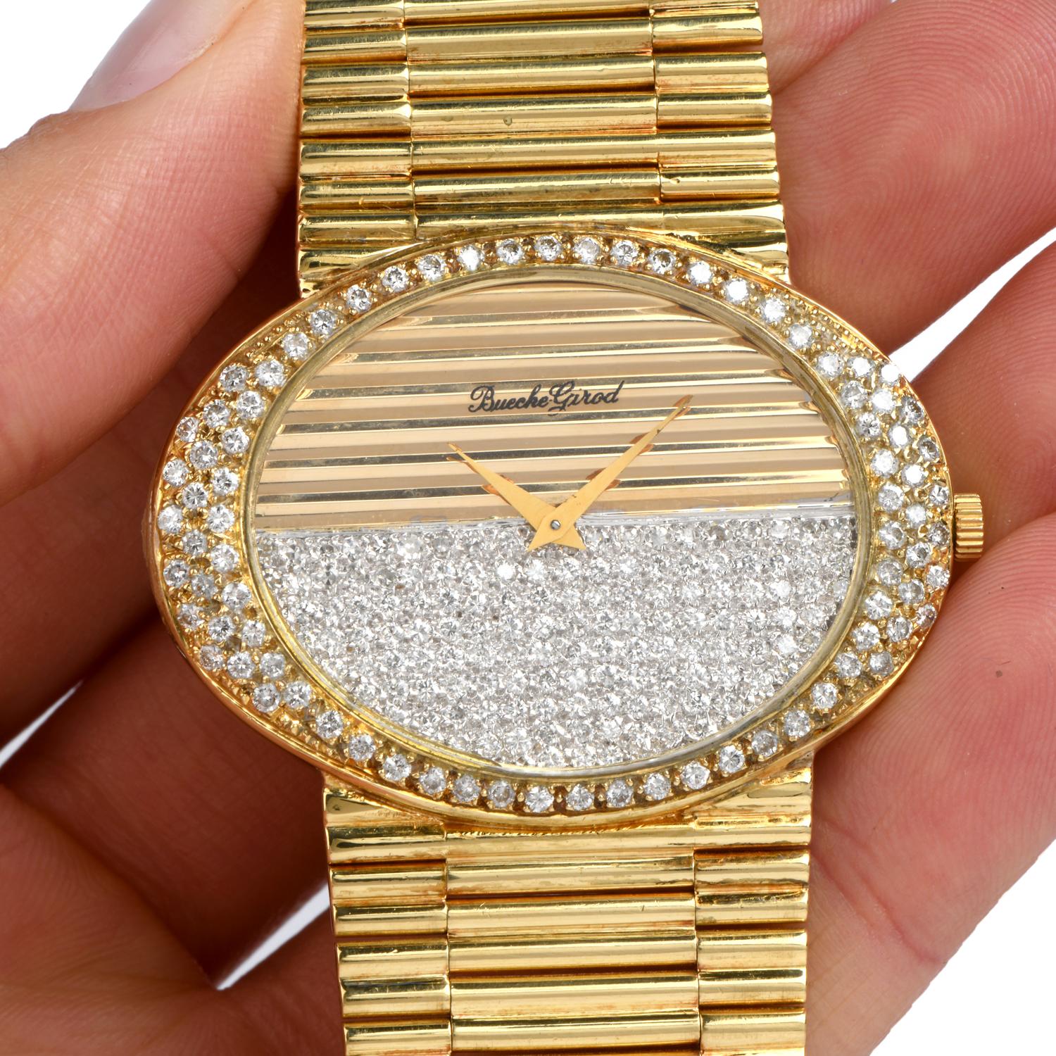 1970s Bueche Girod Diamond 18 Karat Gold Ref YG1200 Mechanical Watch In Excellent Condition In Miami, FL