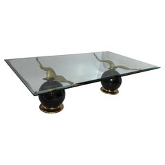 1070s Coffee Table Marble Brass Birds Glass Vintage Gold Hollywood Regency