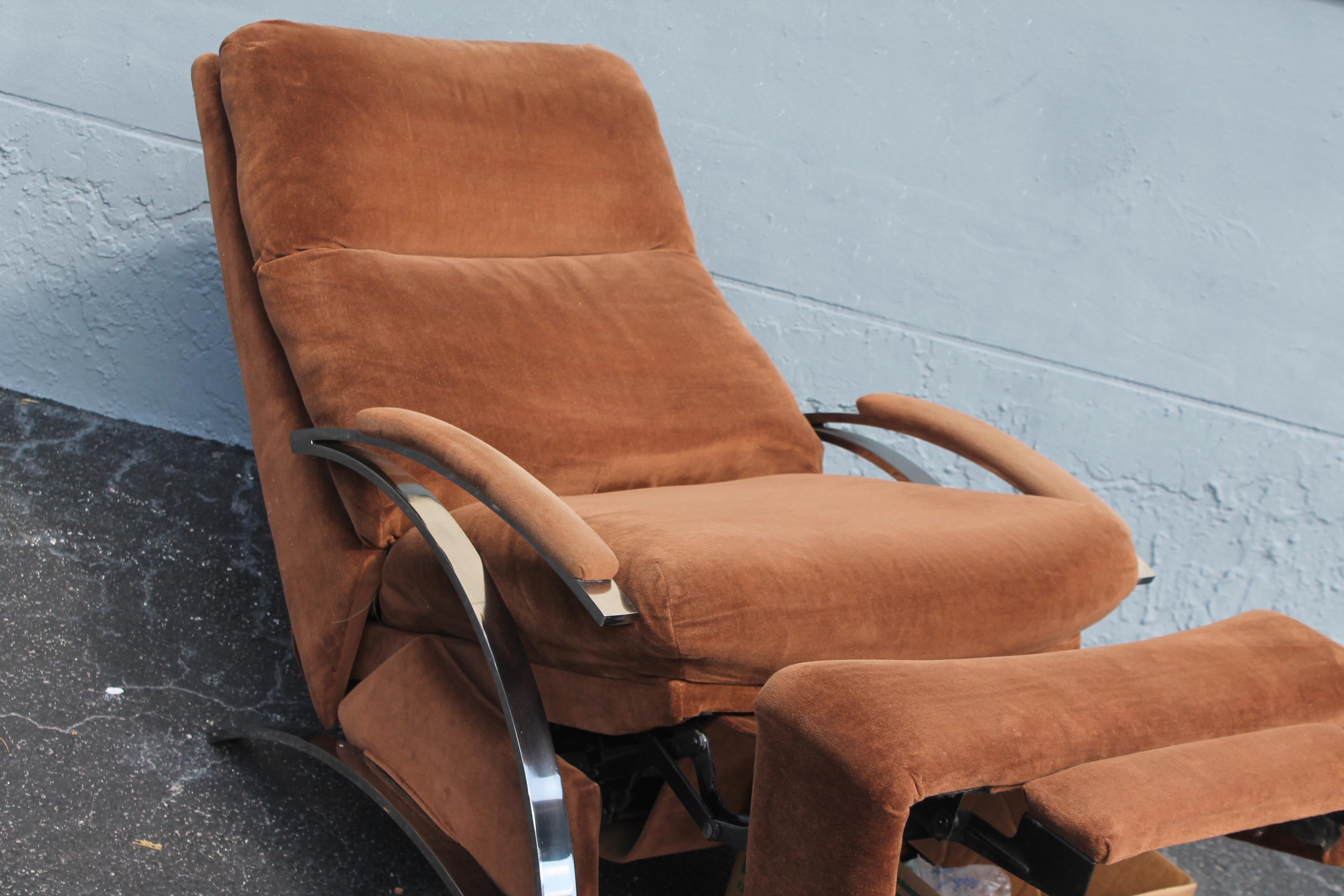 Mid-Century Modern 1070's Vintage Plush Brown with Chrome Recliner/ Barcalounger Chair For Sale