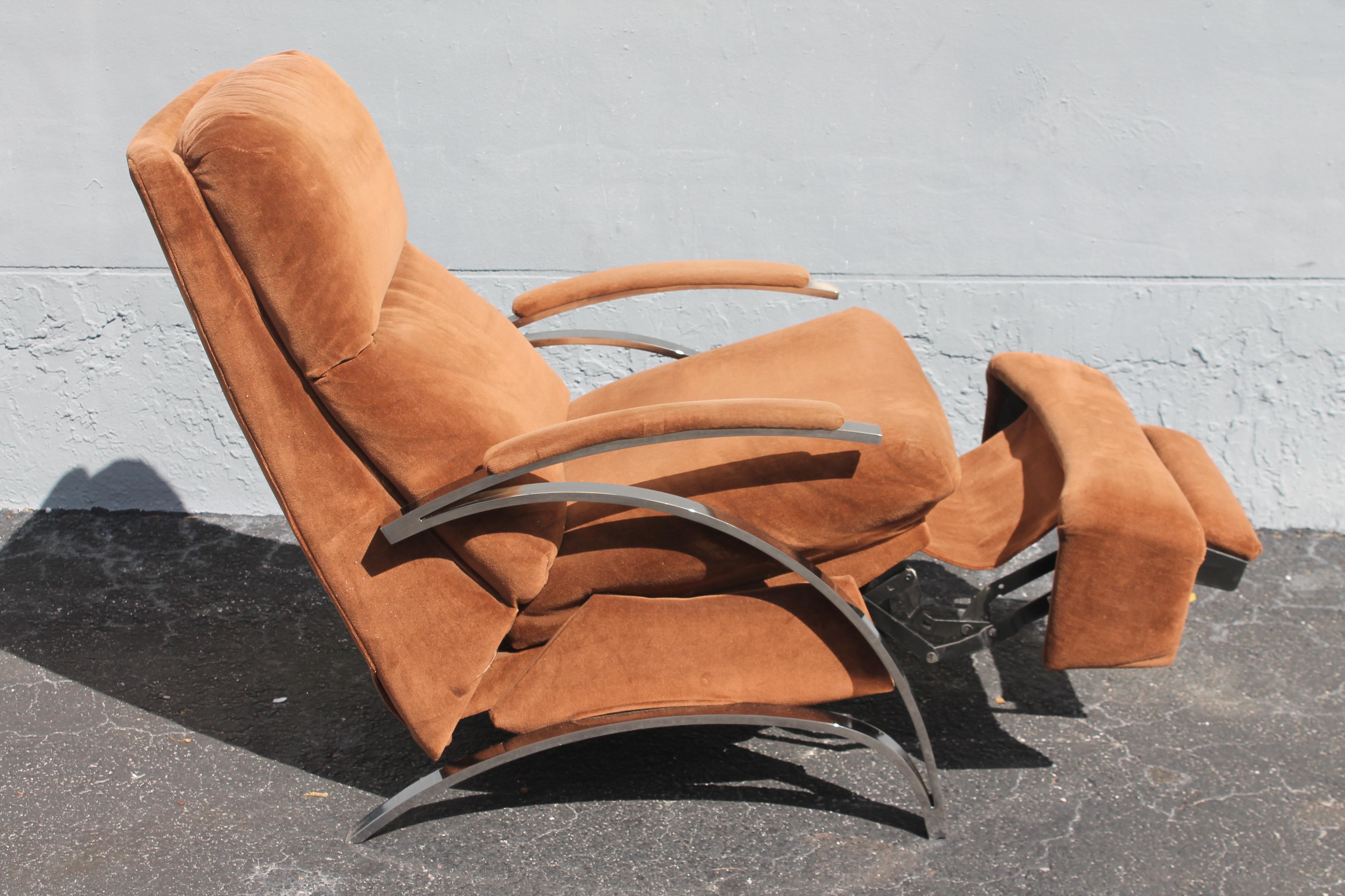 Mid-Century Modern 1070's Vintage Plush Brown with Chrome Recliner/ Barcalounger Chair For Sale