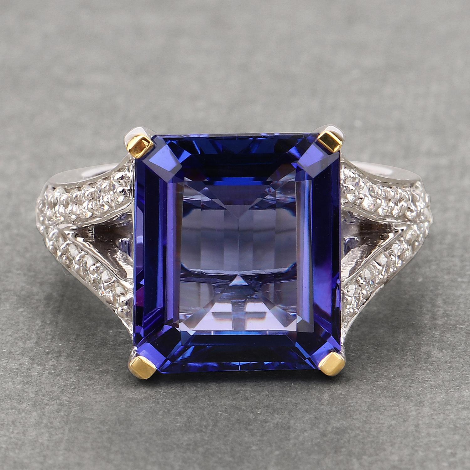 Emerald Cut 10.71 Carat Genuine Tanzanite and Diamond 18 Karat White Gold Ring For Sale