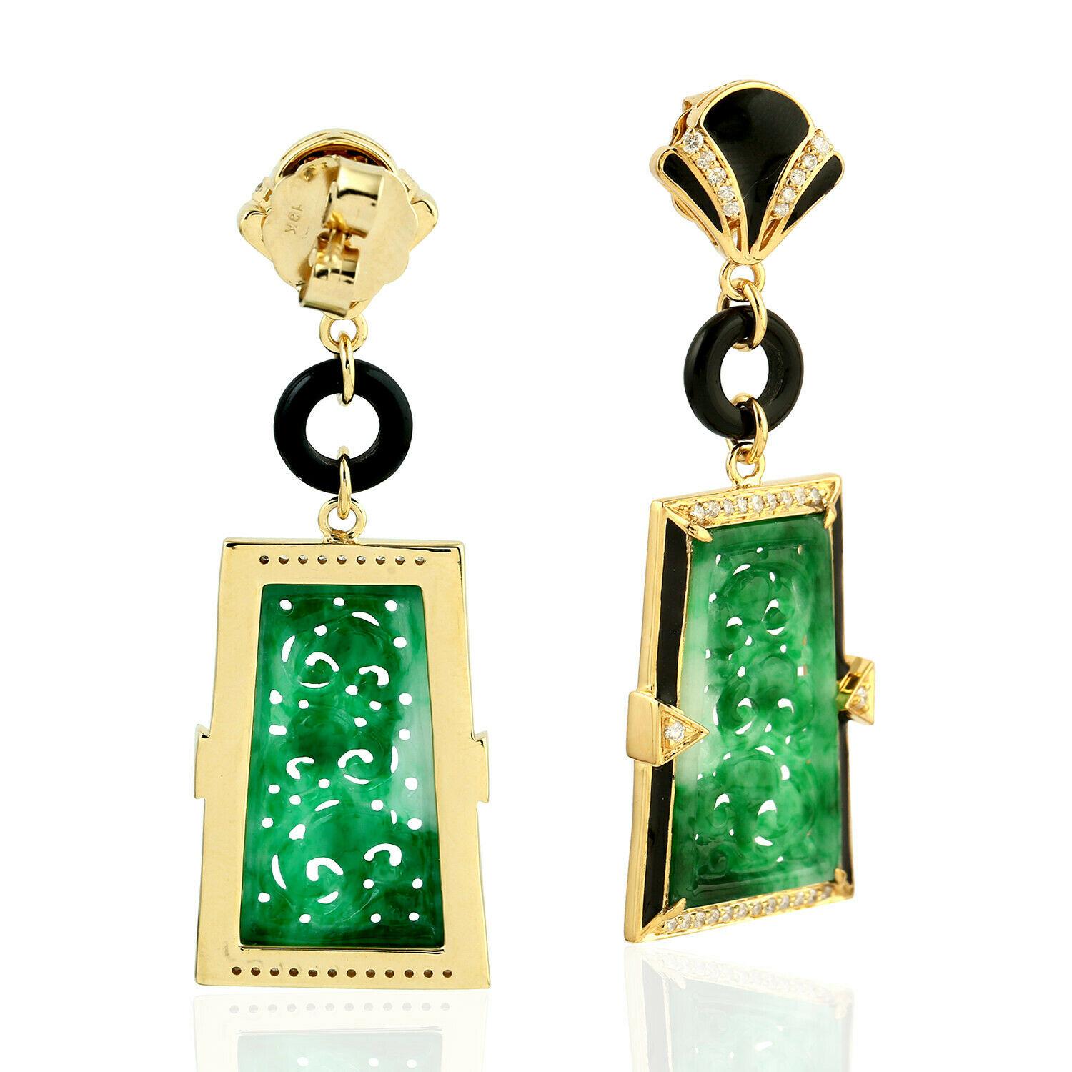 Mixed Cut 10.71 Carats Carved Jade 18 Karat Gold Art Deco Diamond Earrings For Sale