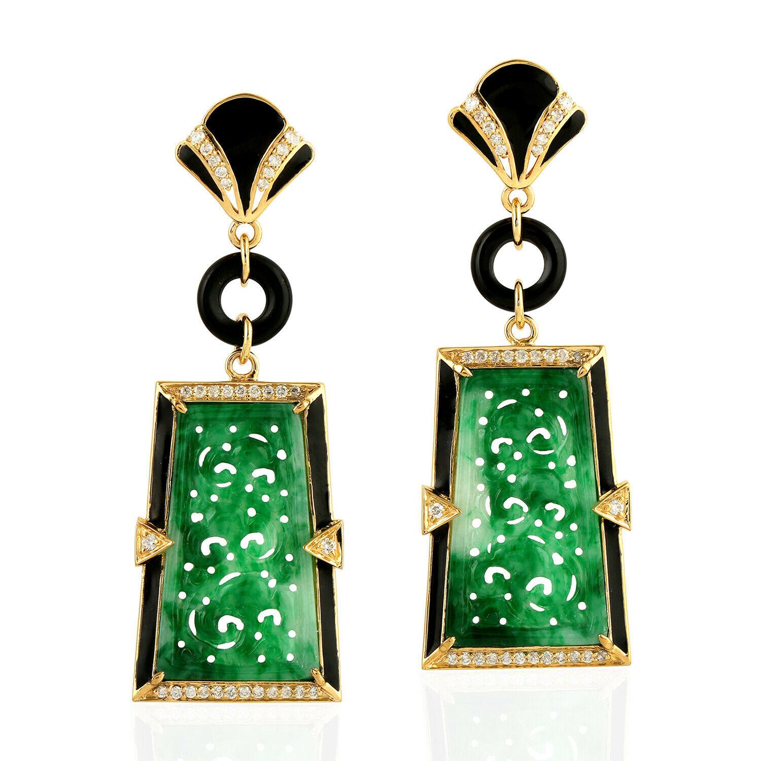 Mixed Cut 10.71 Carats Carved Jade 14 Karat Gold Diamond Earrings For Sale