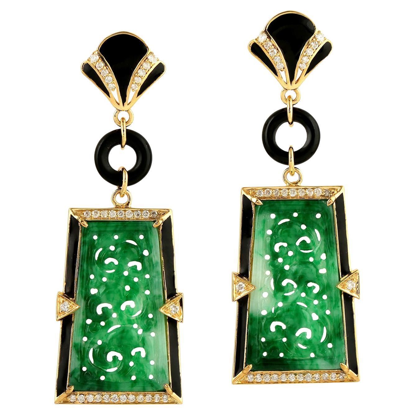 10.71 ct Carved Jade Dangle Earrings With Black Onyx & Diamonds In 18k Gold For Sale