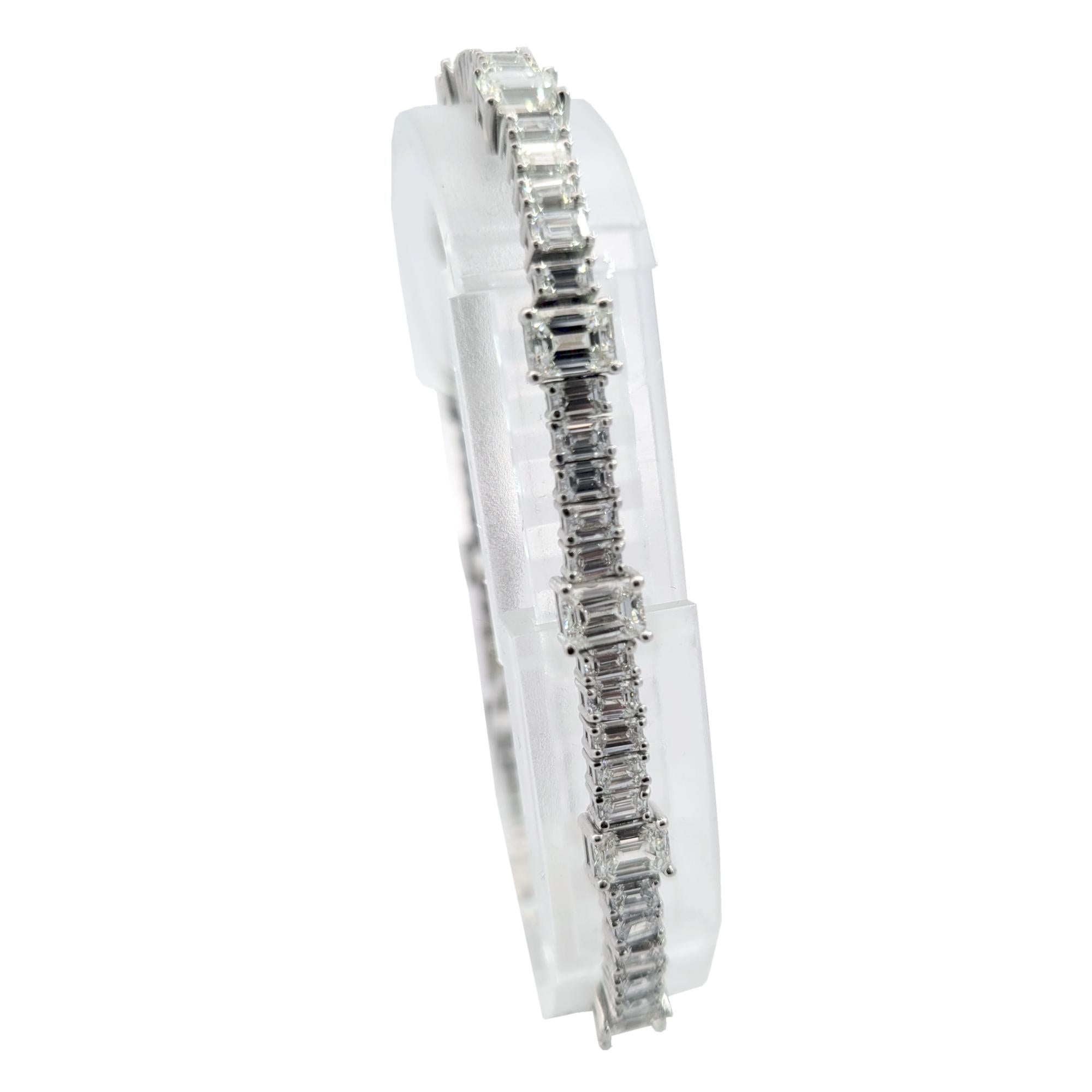 This elegant Diamond Tennis Bracelet consists of 60 perfectly matched 3.1 x2.0 mm Emerald Cut diamonds  and  12 pieces of  4.8x3.8 mm Emerald Cut Diamonds set in Platinum. It is 7 inch long and about 5 mm wide.  This bracelet is made by the highest