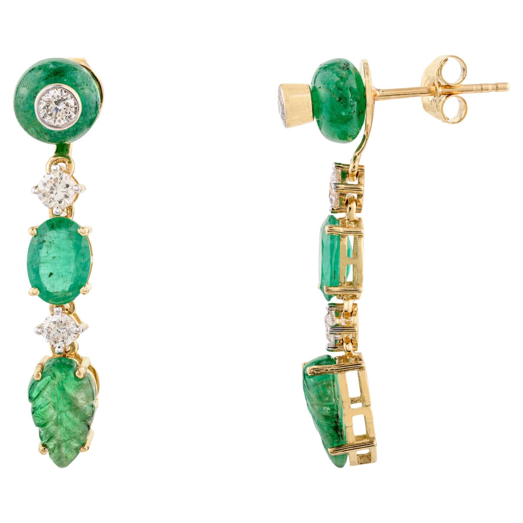 10.72 Carat Carved Emerald Dangle Drop Earrings with Diamonds in 18k Yellow Gold
