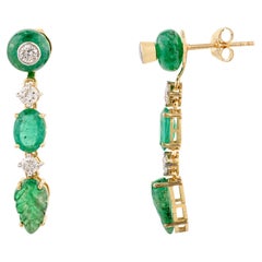 10.72 Carat Carved Emerald Dangle Drop Earrings with Diamonds in 18k Yellow Gold