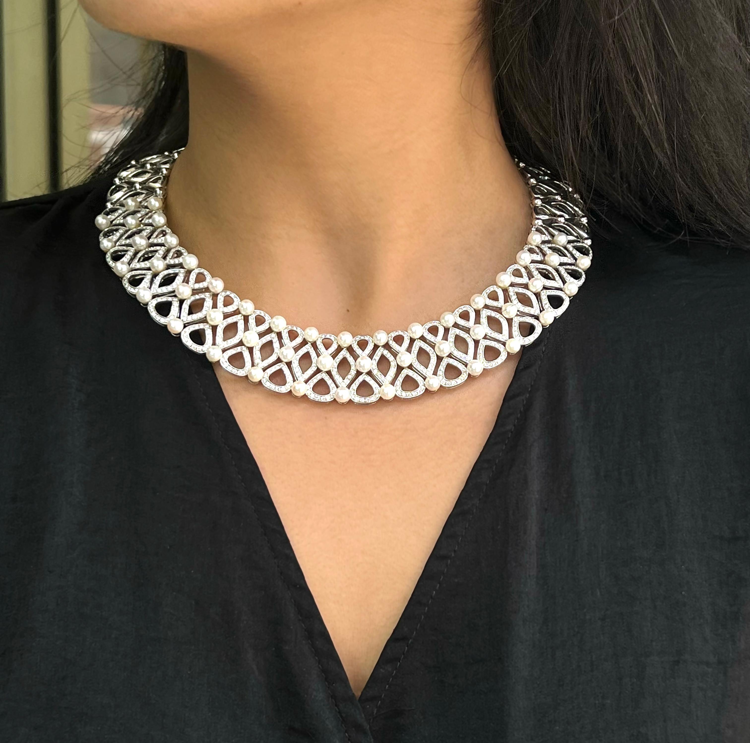 Modern 10.72 Carat Diamond and Cultured Pearl 18 Carat White Gold Wide Collar Necklace For Sale