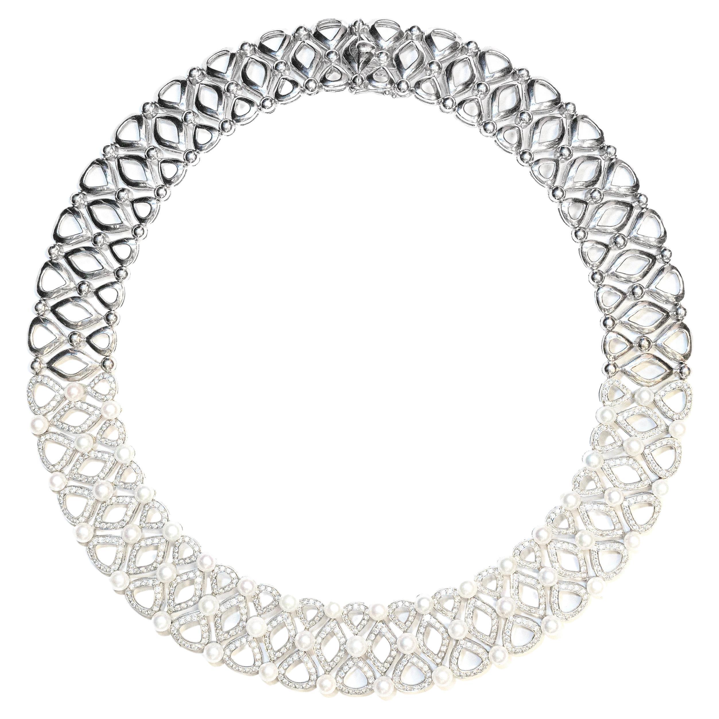10.72 Carat Diamond and Cultured Pearl 18 Carat White Gold Wide Collar Necklace For Sale