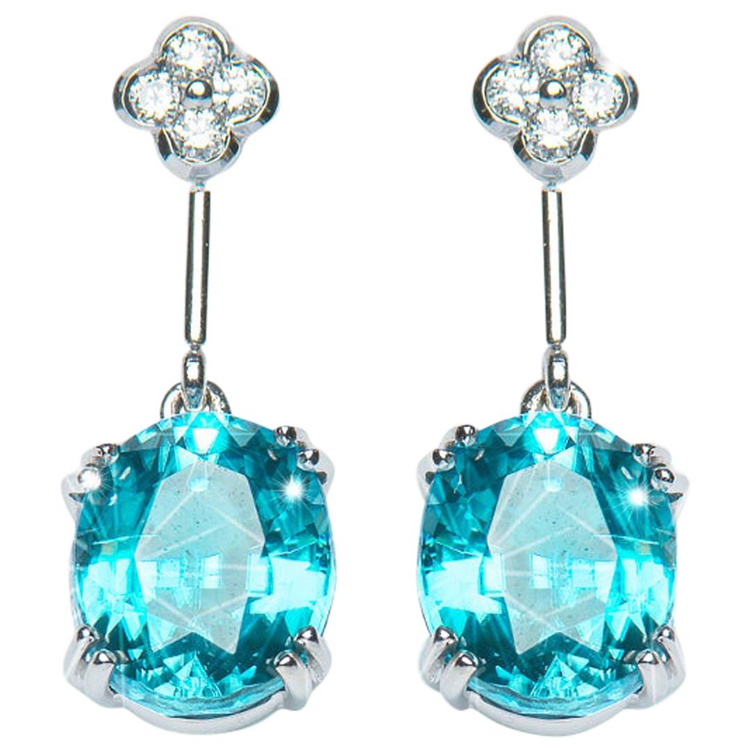 10.72 Carat Oval Intense Blue Zircon Diamond Drop Earrings Natalie Barney For Sale