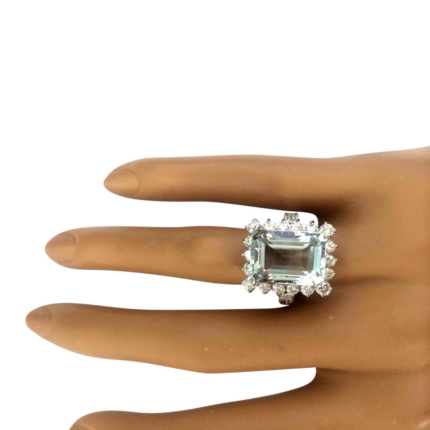 Emerald Cut Exquisite Natural Aquamarine Diamond Ring In 14 Karat Solid White Gold  For Sale