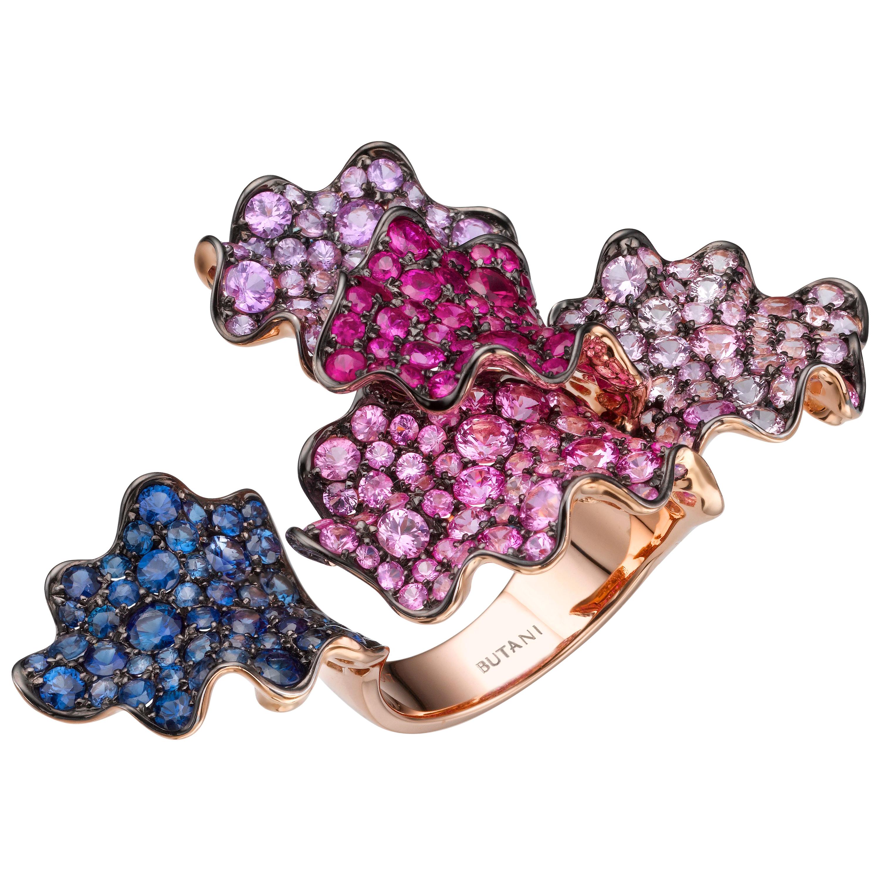 10.73 Carat Multi-Color Sapphire Ruby 18 Karat Rose Gold Cocktail Ring For Sale