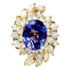 Bague en or jaune massif 14 carats avec tanzanite naturelle et diamant 