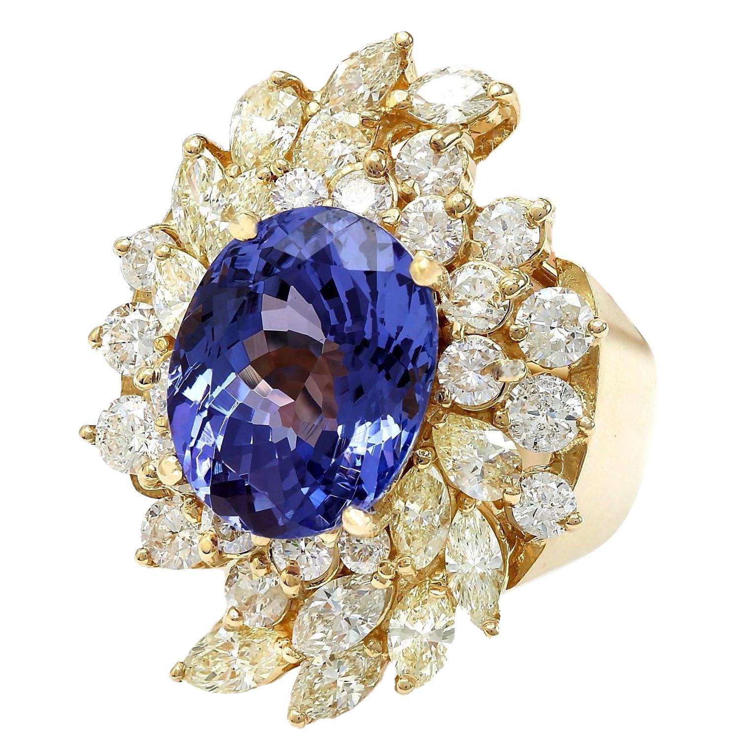 10.73 Carat Natural Tanzanite 14K Solid Yellow Gold Diamond Ring
 Item Type: Ring
 Item Style: Cocktail
 Material: 14K Yellow Gold
 Mainstone: Tanzanite
 Stone Color: Blue
 Stone Weight: 6.98 Carat
 Stone Shape: Oval
 Stone Quantity: 1
 Stone