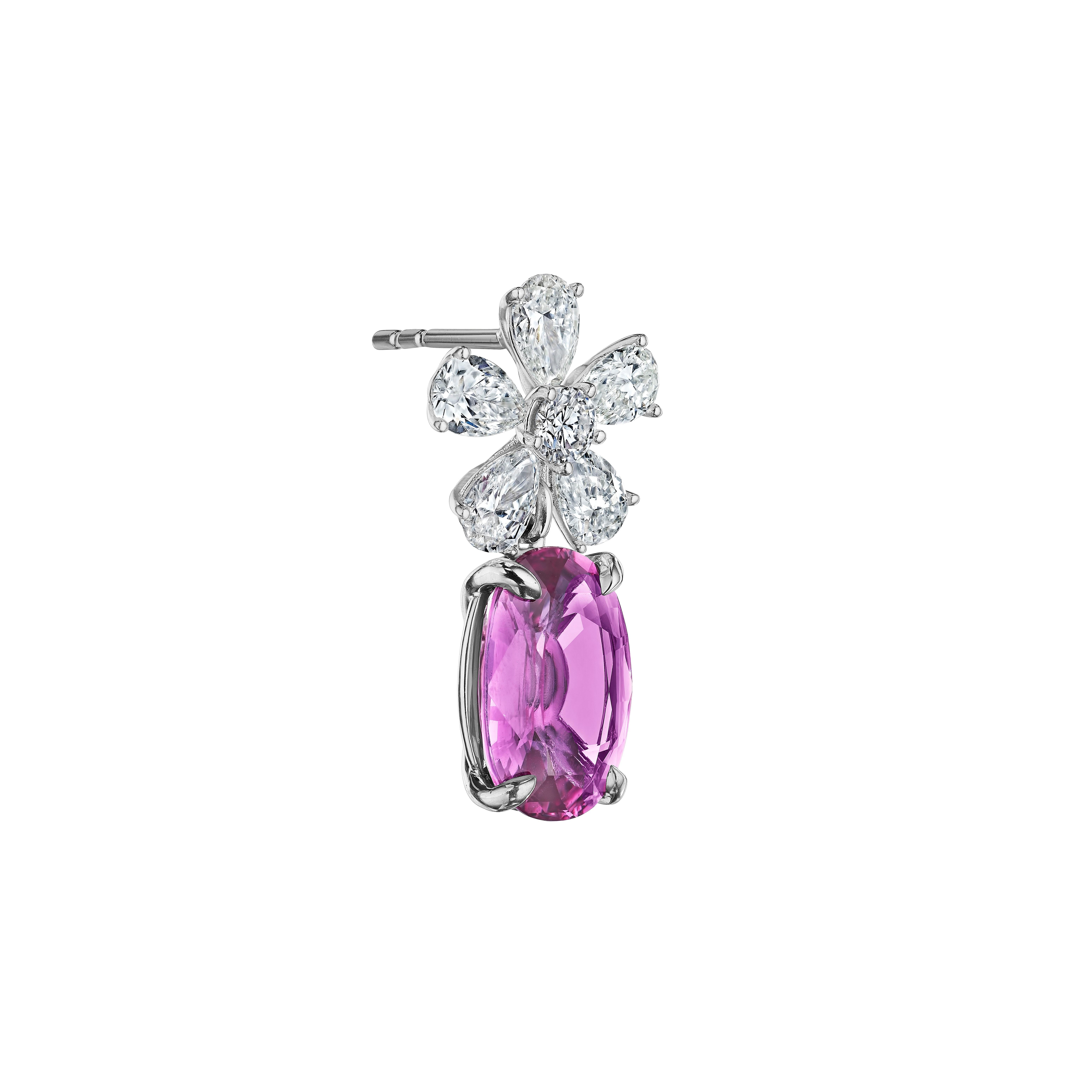 Modern 10.73ct Oval Cut Pink Sapphire & Diamond Flower Earrings in 18KT White Gold For Sale