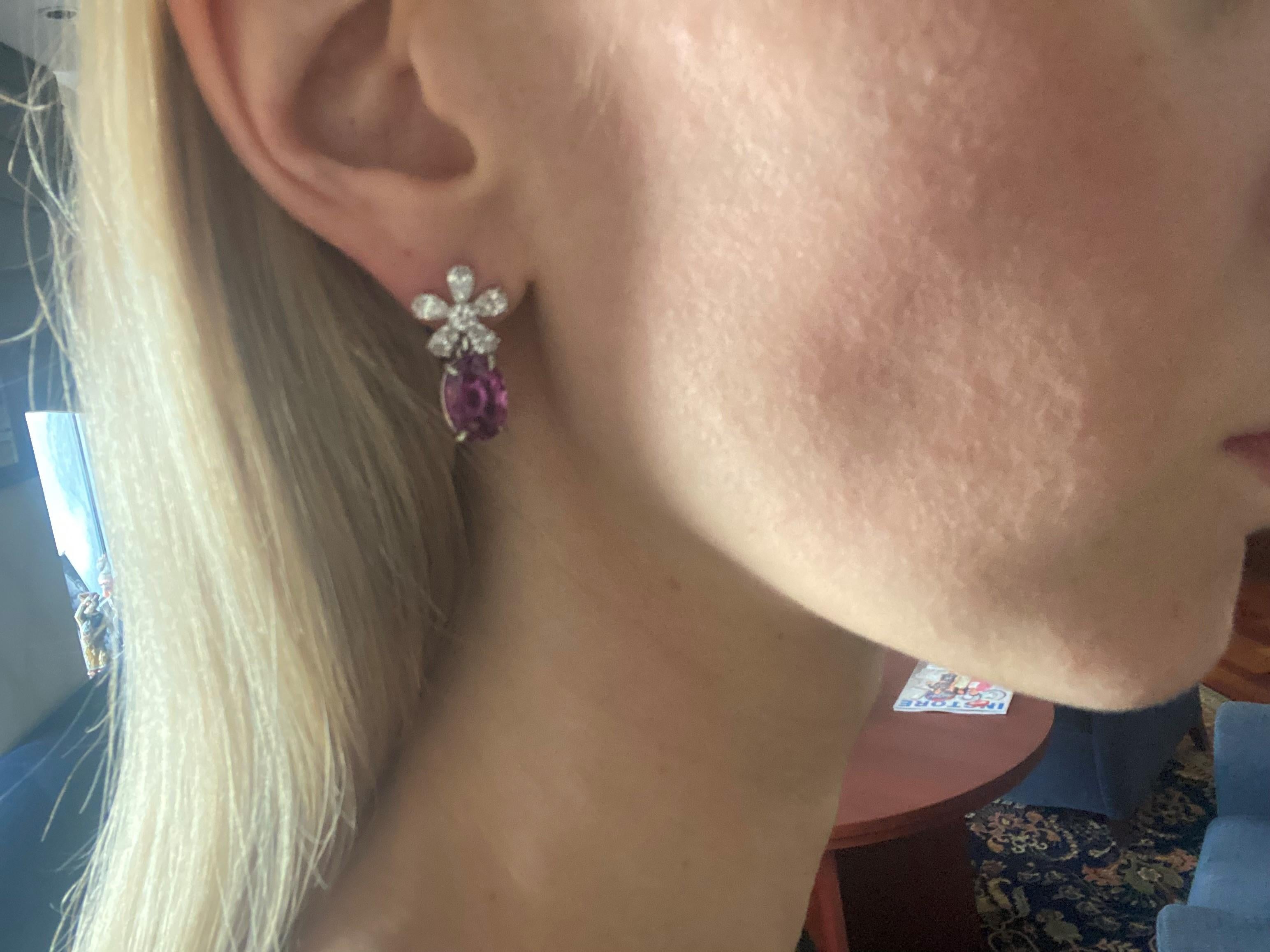 10.73ct Oval Cut Pink Sapphire & Diamond Flower Earrings in 18KT White Gold In New Condition For Sale In New York, NY
