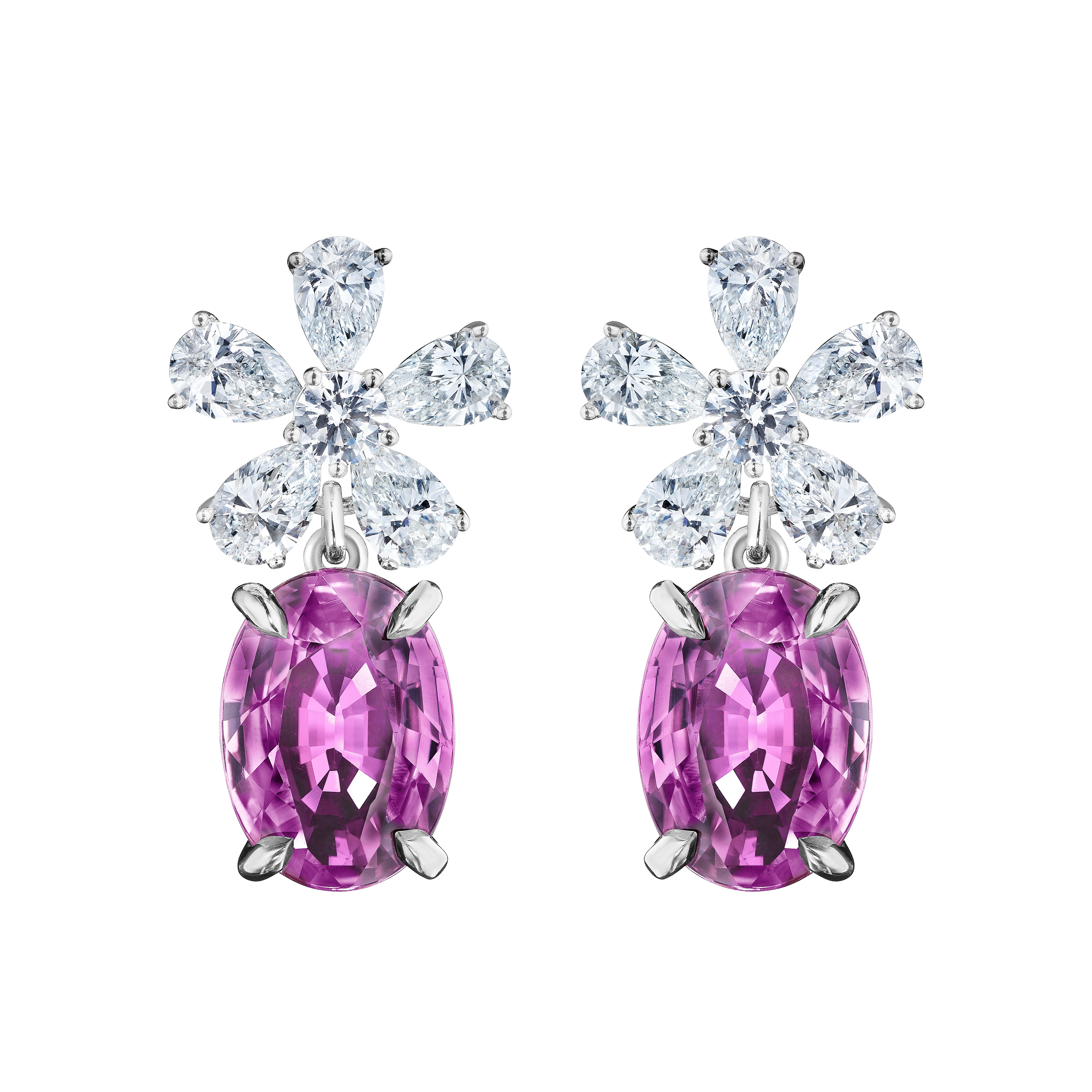 10.73ct Oval Cut Pink Sapphire & Diamond Flower Earrings in 18KT White Gold For Sale