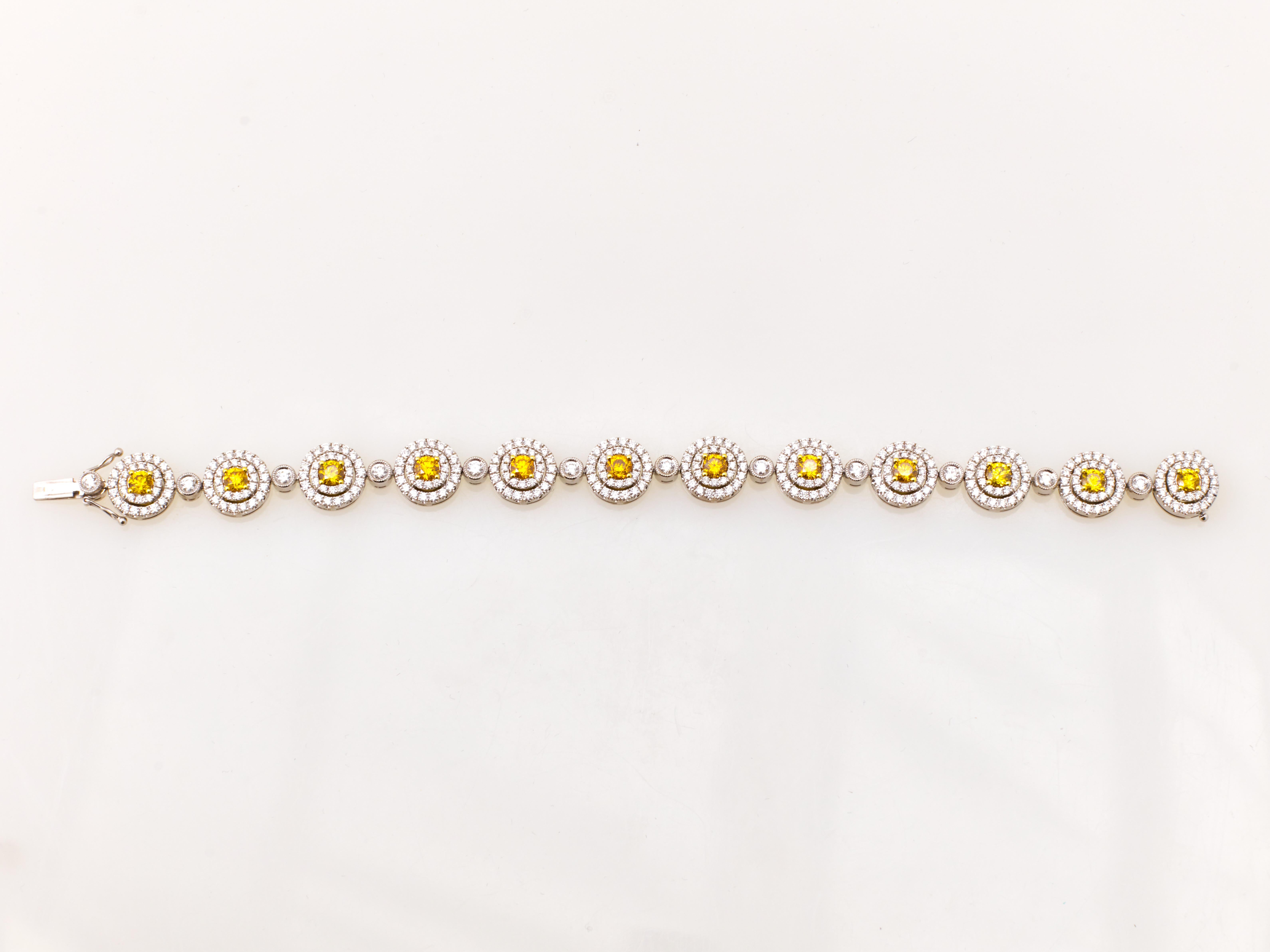 Round Cut 10.74 Carat Fancy Vivid Orange-Yellow and White Diamond Bracelet, GIA Certified For Sale
