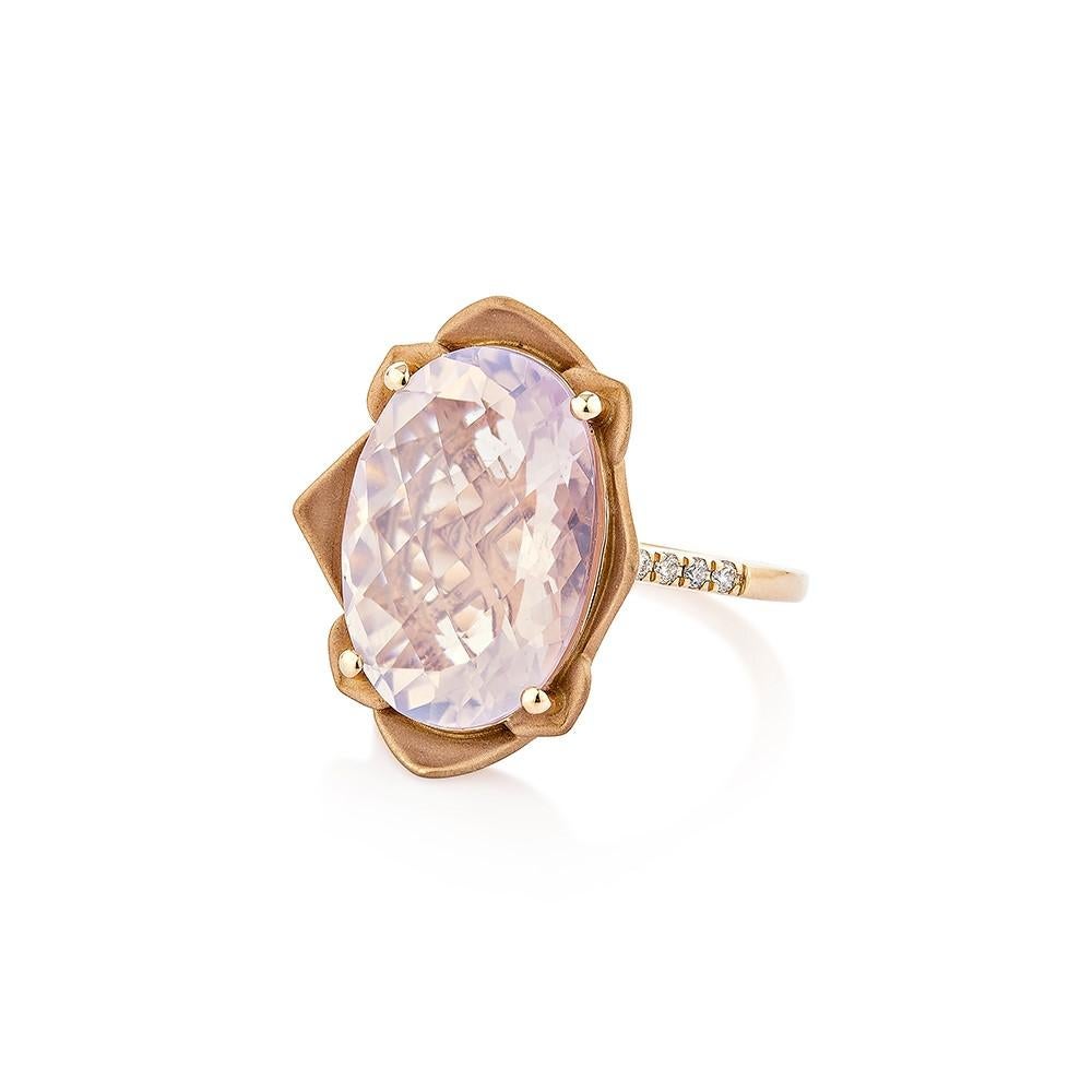 Contemporary 10.74 Carat Lavender Quartz Fancy Ring in 18KRG with White Diamond.    For Sale
