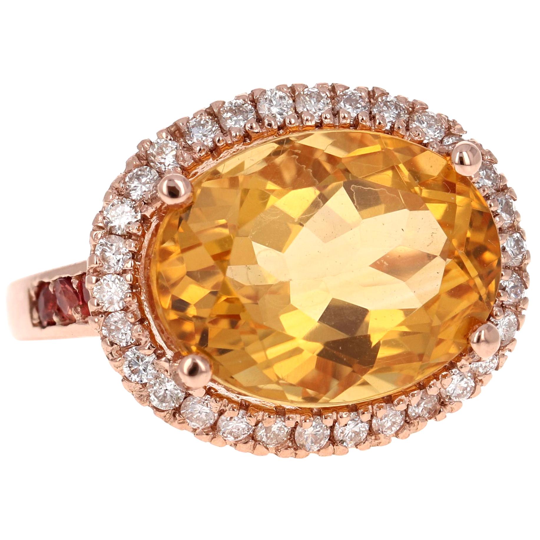 10.74 Carat Oval Cut Citrine Diamond Rose Gold Engagement Ring For Sale
