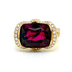 10.74 Carat Rhodolite Garnet Round Diamond Yellow Gold Ring