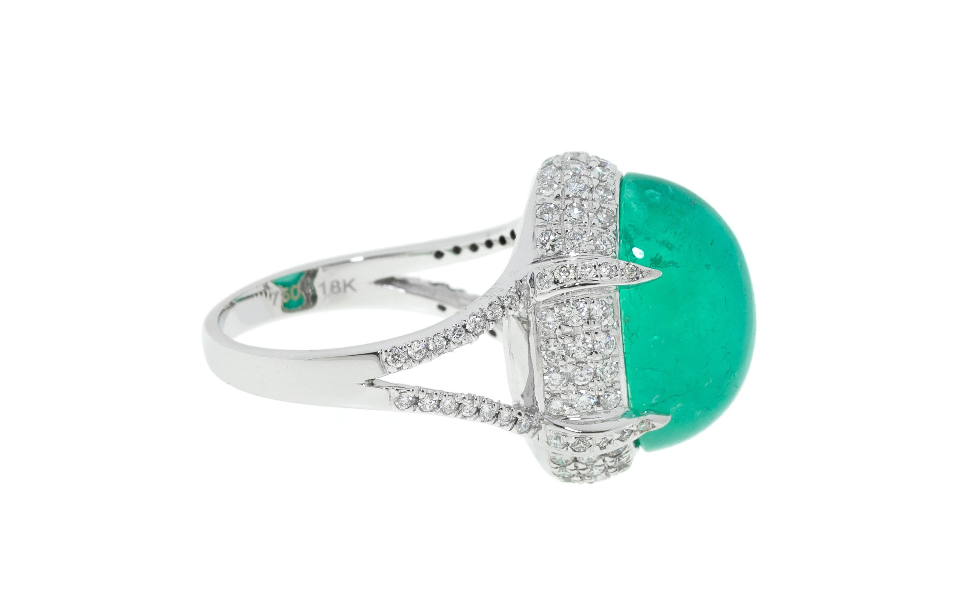 Cabochon 10.74 Ct Emerald Diamond 18 K White Gold Cocktail Ring For Sale