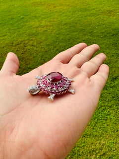 10.75 Carat Genuine Ruby Birthstone and Diamond Turtle Pendant in 925 Silver