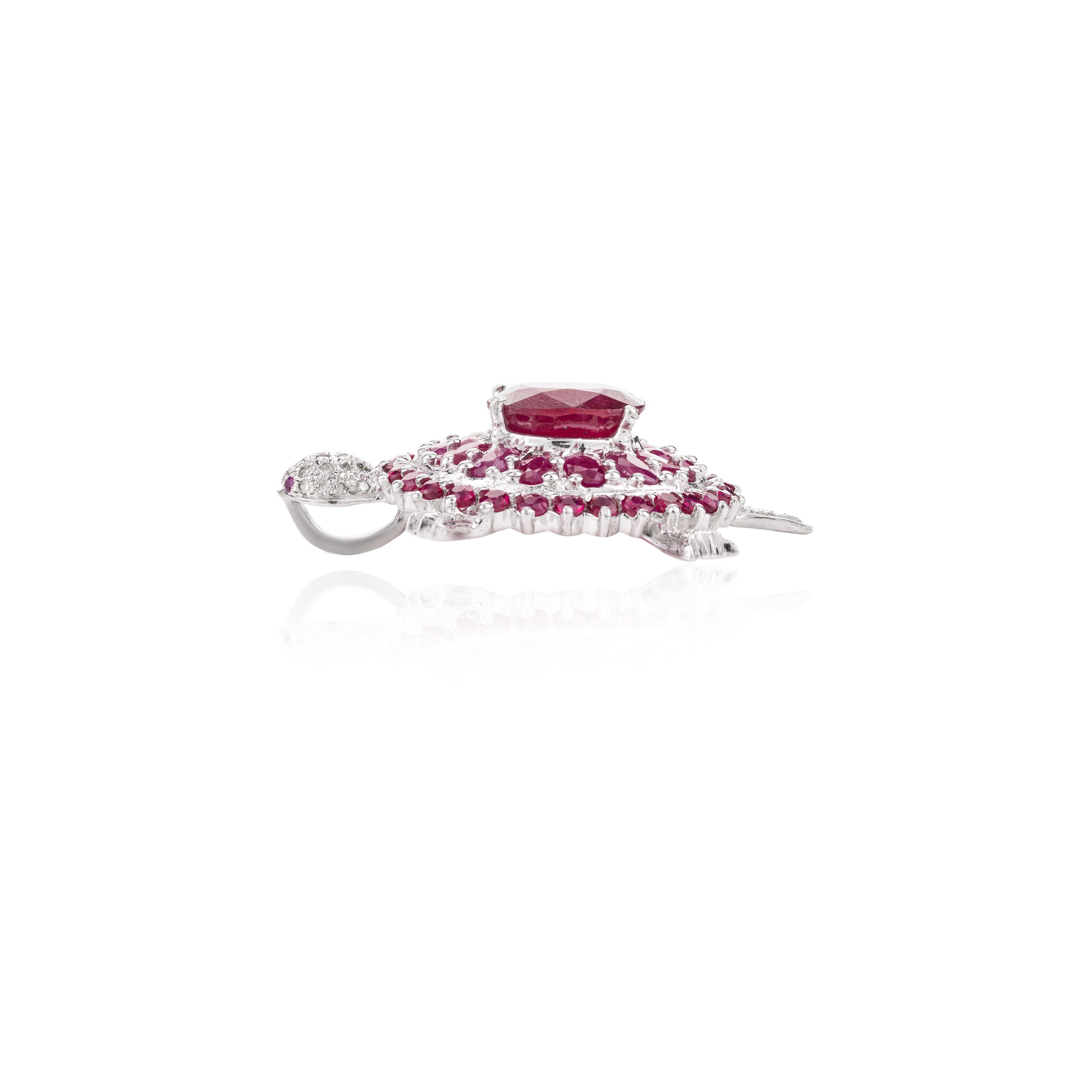 Mixed Cut 10.75 Carat Genuine Ruby Birthstone and Diamond Turtle Pendant in 925 Silver  For Sale