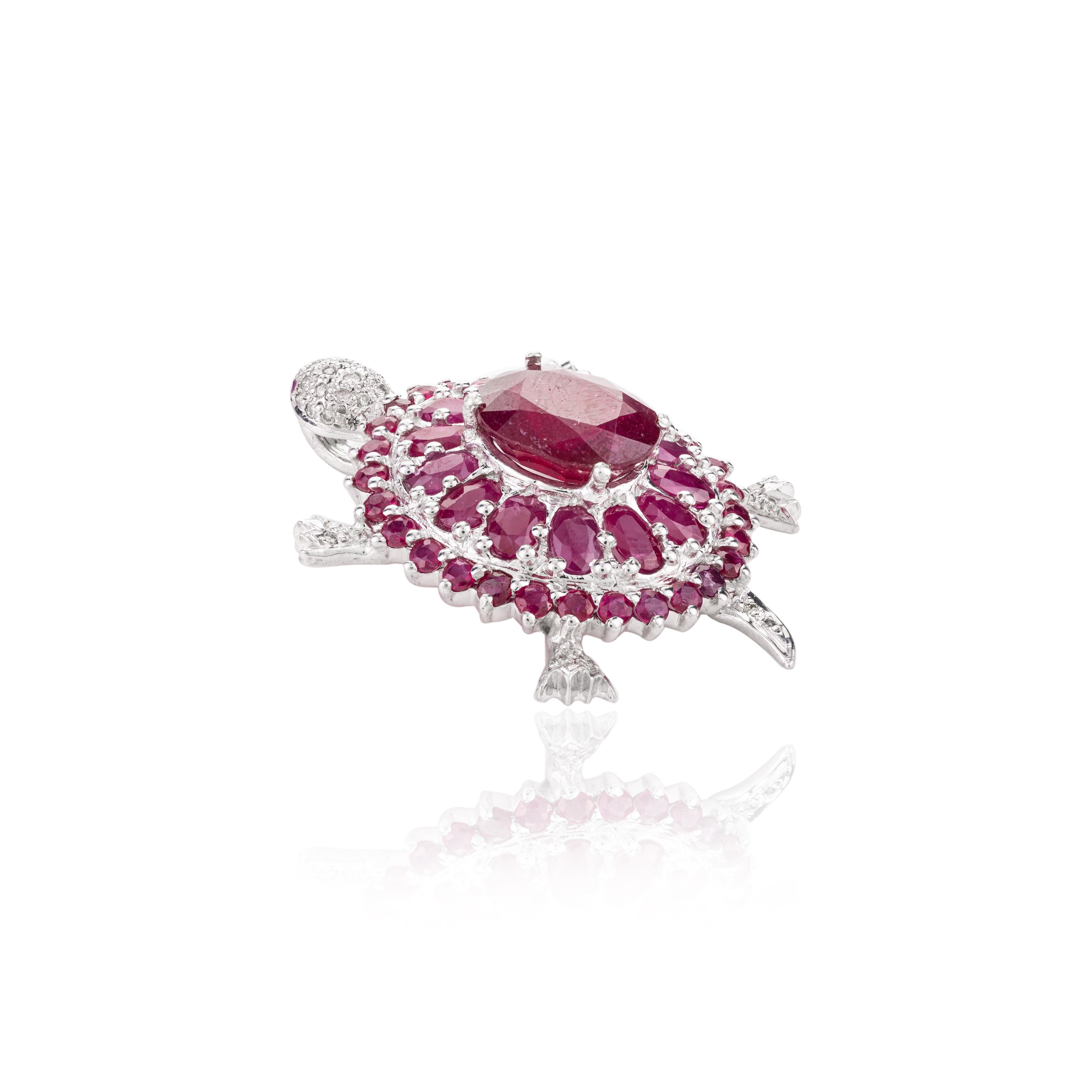 Women's or Men's 10.75 Carat Genuine Ruby Birthstone and Diamond Turtle Pendant in 925 Silver  For Sale