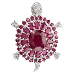 10.75 Carat Genuine Ruby Birthstone and Diamond Turtle Pendant in 925 Silver 