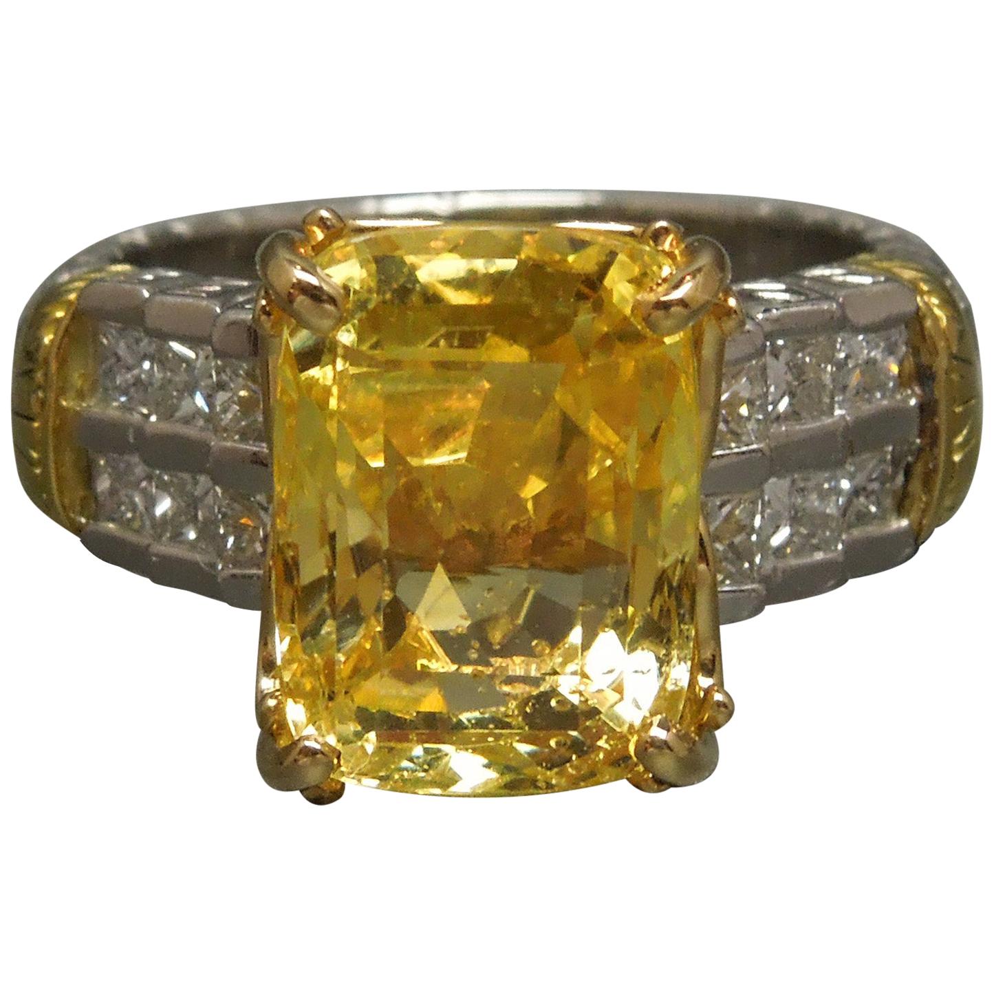 10.75 Carat GIA Yellow Sapphire Platinum and 18 Karat Ring