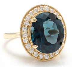 10.75 Carat Natural London Blue Topaz and Diamond 14k Solid Yellow Gold Ring