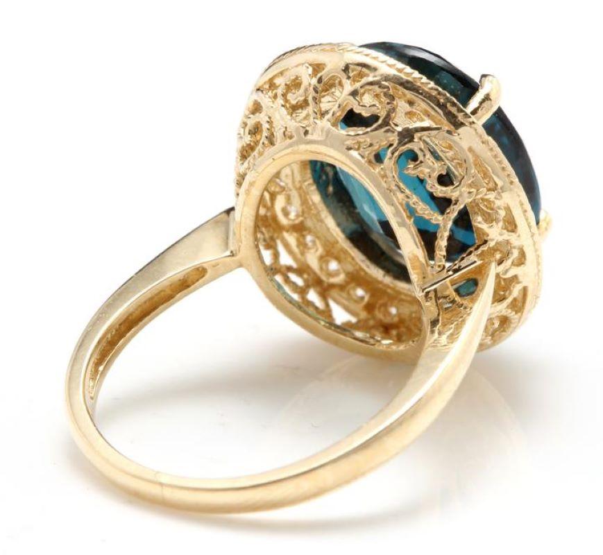 Anello in oro giallo massiccio 14k da 10,75 carati di topazio blu naturale di Londra e diamante In condizioni Nuovo in vendita a Los Angeles, CA