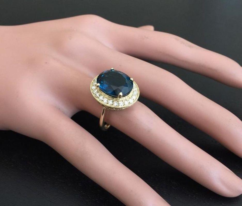 Anello in oro giallo massiccio 14k da 10,75 carati di topazio blu naturale di Londra e diamante in vendita 1